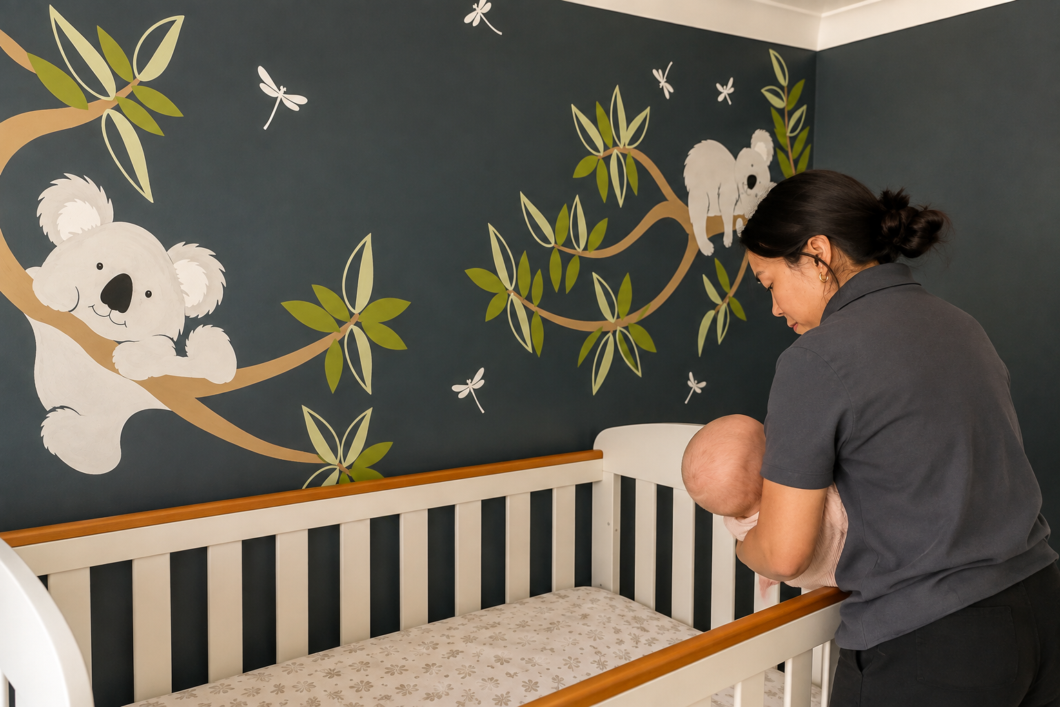 Educator supporting a baby in the Koala Room cot room